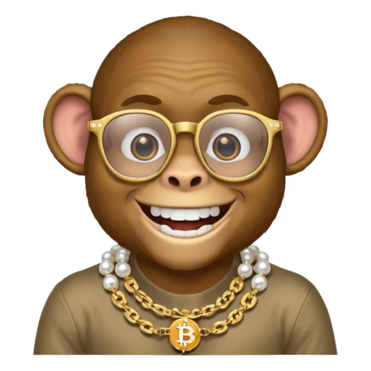 rich monkey with glasses smiling with diamond grillz and a bitcoin golden chain with diamond pearls sticker