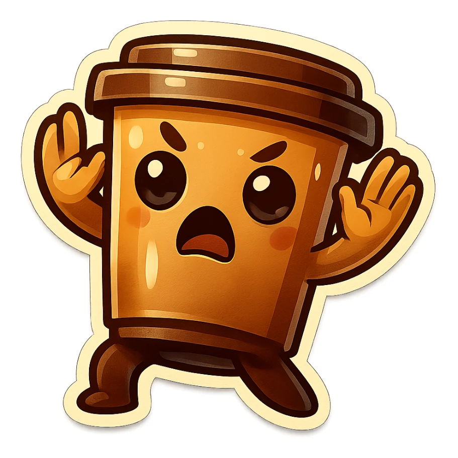 Tall coffee cup, dramatic, hiding, hands up in defense sticker