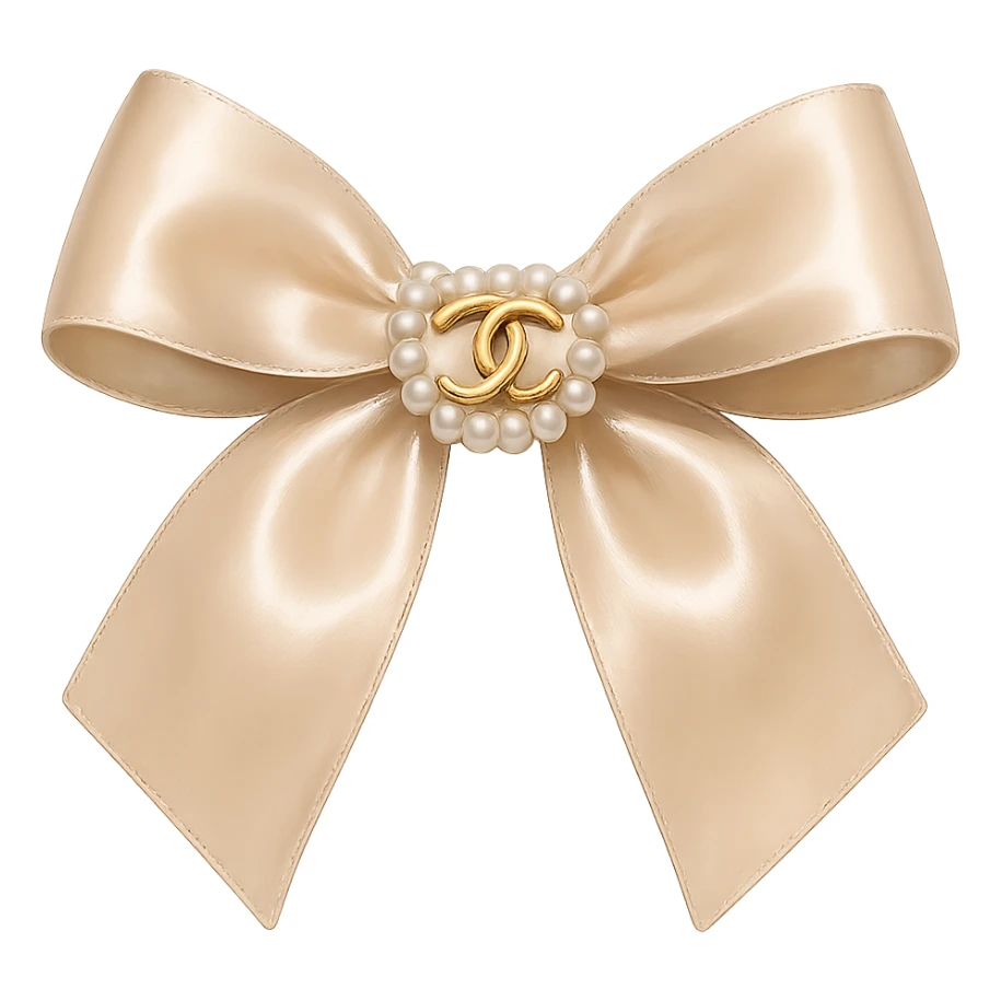 Remove the background, keep only the elegant bow with pearls and gold Chanel logo, glossy, pastel colors, realistic style, with no background. beige sticker