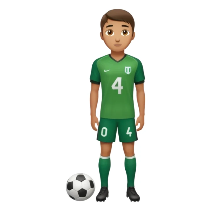 Apple iOS style 20-23 year old soccer player standing full body, green jersey #4, glossy finish sticker
