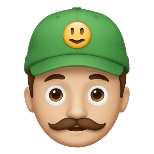 round emoji face with brown mustache and green cap with white circle emblem, 3D emoji style, 1:1
 sticker