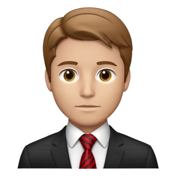 man with combed light brown hair wearing a suit with black horizontal stripes and a red tie sticker