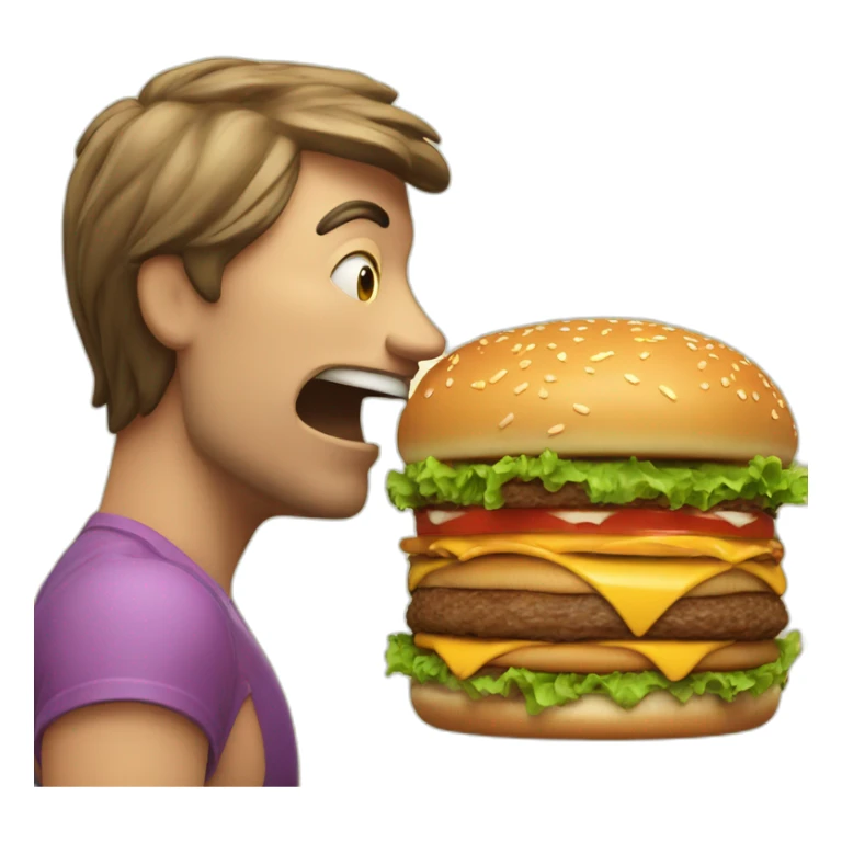 face of man taking bit of big burger with big motth sticker