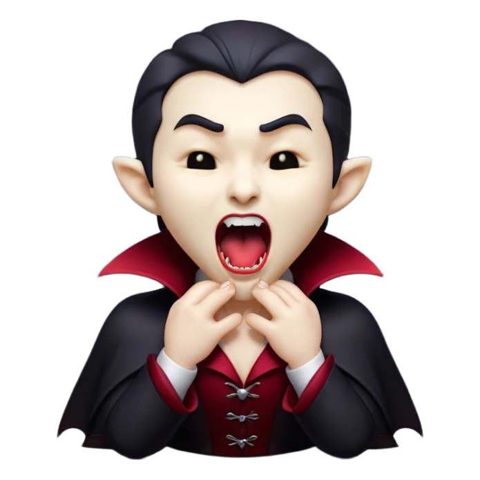 Cinematic Cute Yawning Vampire Portrait Emoji, with a small, rounded, charming pale face accented with tiny playful fangs and droopy, half-closed eyes, head tilted in an adorable wide yawn, dressed in miniature elegant dark attire with a hint of crimson, simplified yet irresistibly endearing, highly detailed with a soft, mysterious glow and gentle outline that captures the cute, drowsy side of an immortal! sticker