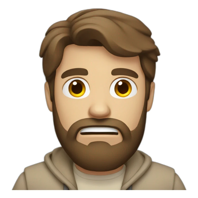 Man with brown hair with beard with beige clothes with angry face sticker