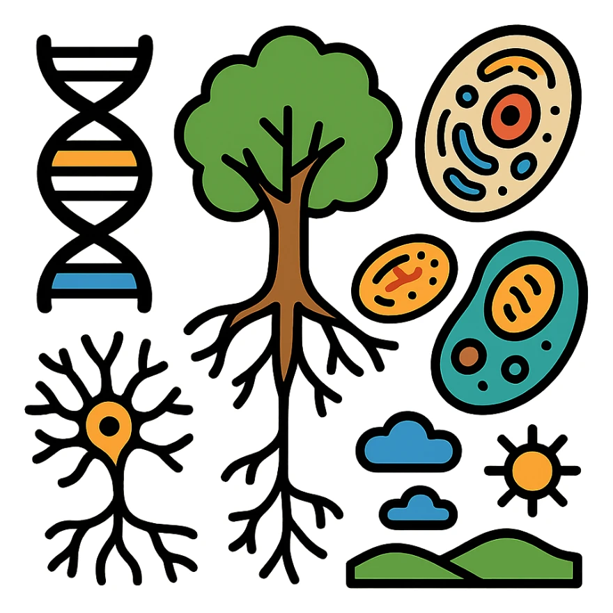 A realistic biological illustration (like in a school book) showing: DNA strands transitioning into a tree, cells with visible organelles, neurons connected to plant roots  and a balanced ecosystem background . Seamless integration, no labels or borders, complete white background (not off white!), detailed but minimalist.  sticker