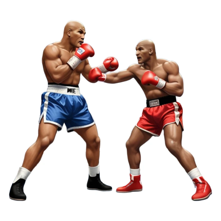 An intense boxing match between Mike Tyson and Evander Holyfield in the ring. Tyson is delivering a powerful uppercut, while Holyfield is poised for a counterattack. The background features a packed arena with bright lights and electrifying atmosphere. Transparent background sticker