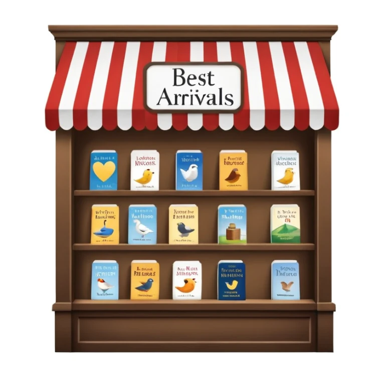 Bookstore window display. A sign displays “New Arrivals This Week”. Below, a shelf tag with the text “Best-Selling Novels Here”.  sticker