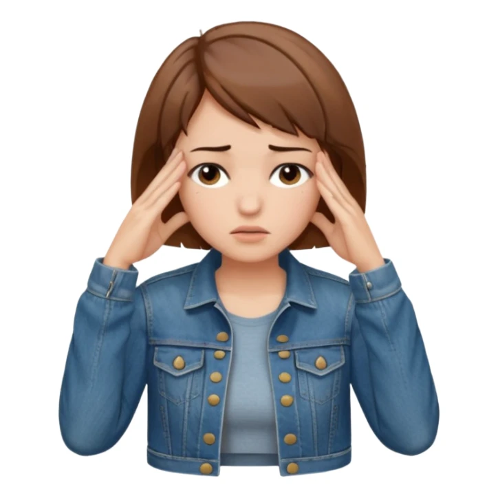 a woman with a brown short hair, looking at the left, facepalming, wearing a denim jacket, only upper body, high quality sticker