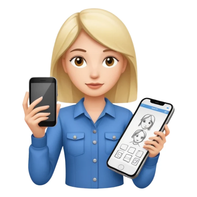 female UX designer holding mobile phone and design sketches sticker