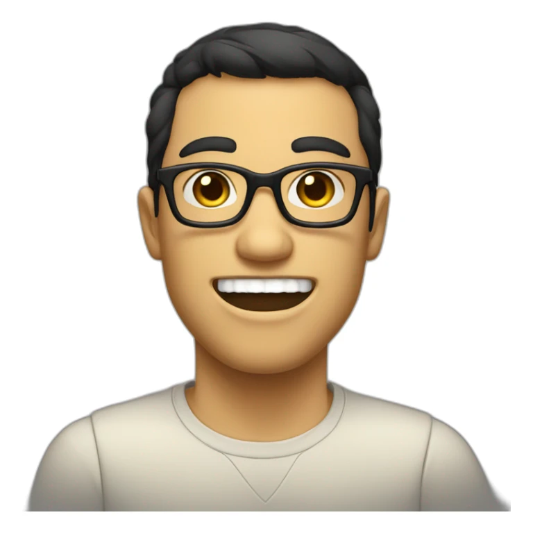 nerd face, mouth close, 2 teeth visible, some acne buttons, pale tan, black hair, with glasses sticker