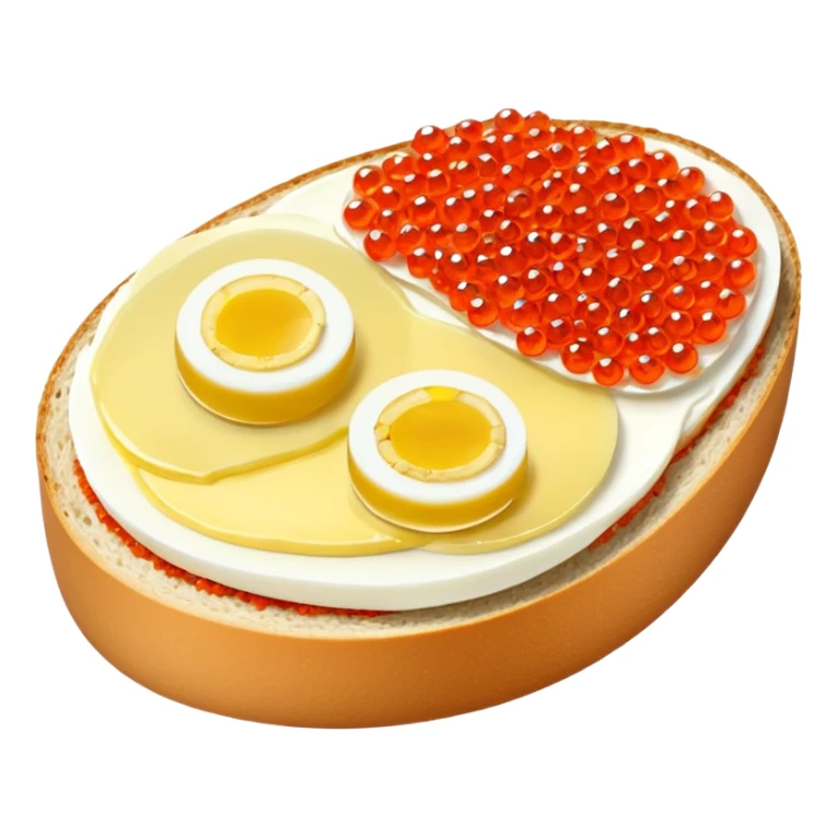 open sandwich with butter, boiled half egg, slice of lemon, red caviar sticker