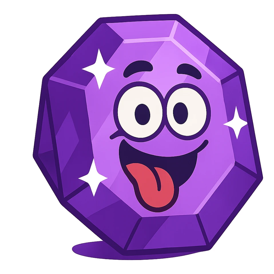 purple gemstone with a silly cartoon face, vibrant and shiny sticker