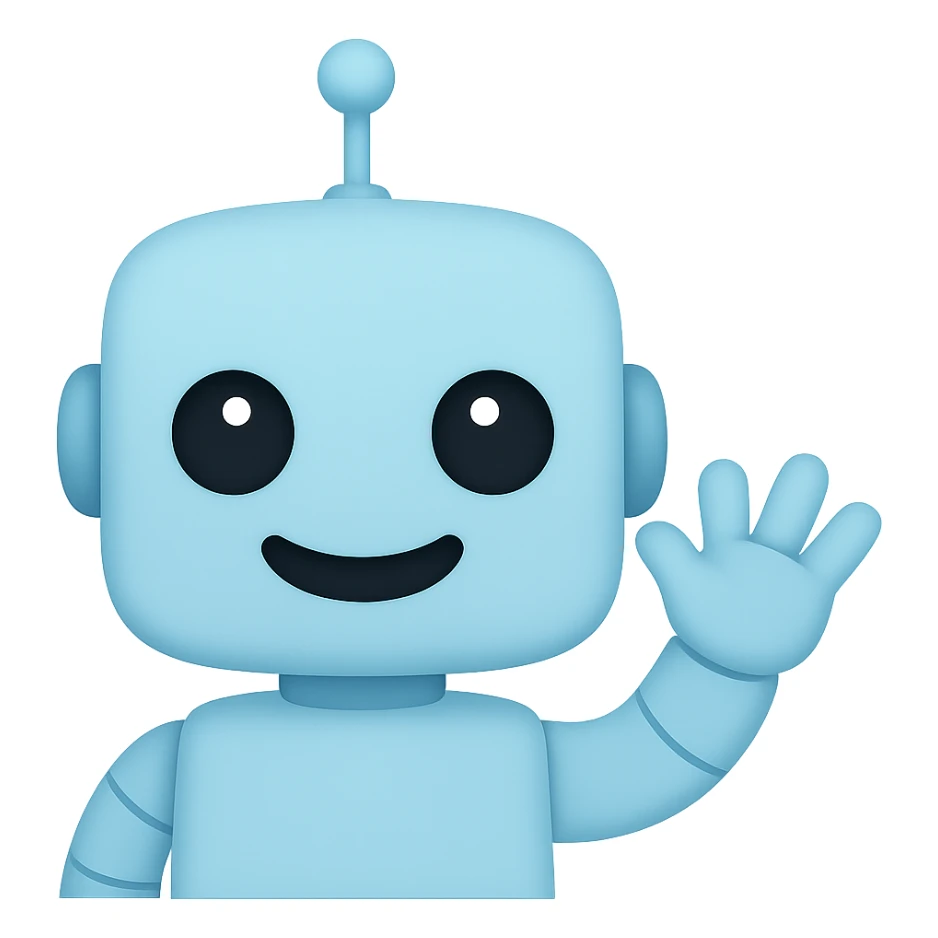Create a transparent PNG of a cute light blue (#b0f2f8) robot with an antenna on its head, waving, in the style of an Apple emoji. Remove the background and keep the robot's light blue color and cute features. sticker