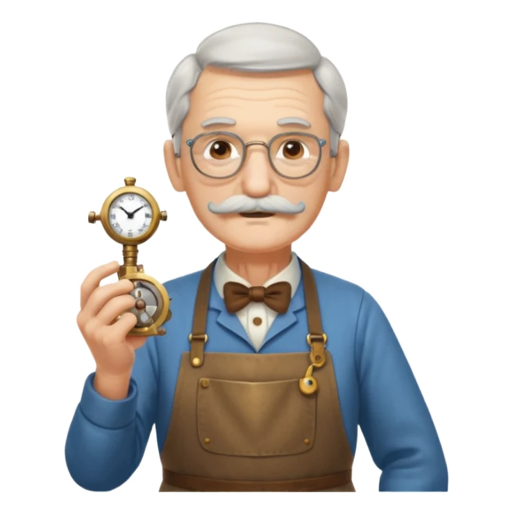 A gentle elderly inventor with tidy mustache, apron, and miniature clockwork device.
 sticker