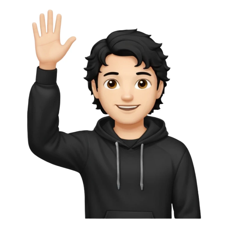 Now create man waveing with one hand with little bit wavey dark black hair with black hoodie on and make him light skin. his haircut is mid fade with hair on his forehead sticker