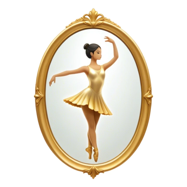 Cinematic Realistic Mirror, a large, ornate mirror reflecting a dancer’s poised silhouette, soft golden light creating depth, slight smudges on the glass adding realism, glowing with a timeless and artistic presence. sticker