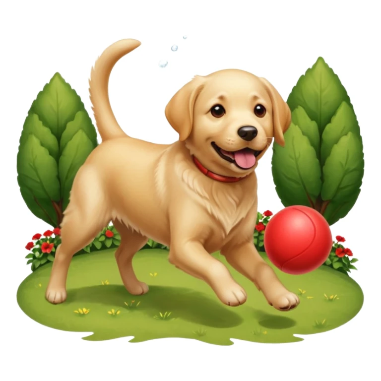 A Labrador Retriever playing fetch with a ball in a backyard garden, mid-action with joyful expression. Natural sunlight, realistic motion blur, outdoor realism. sticker