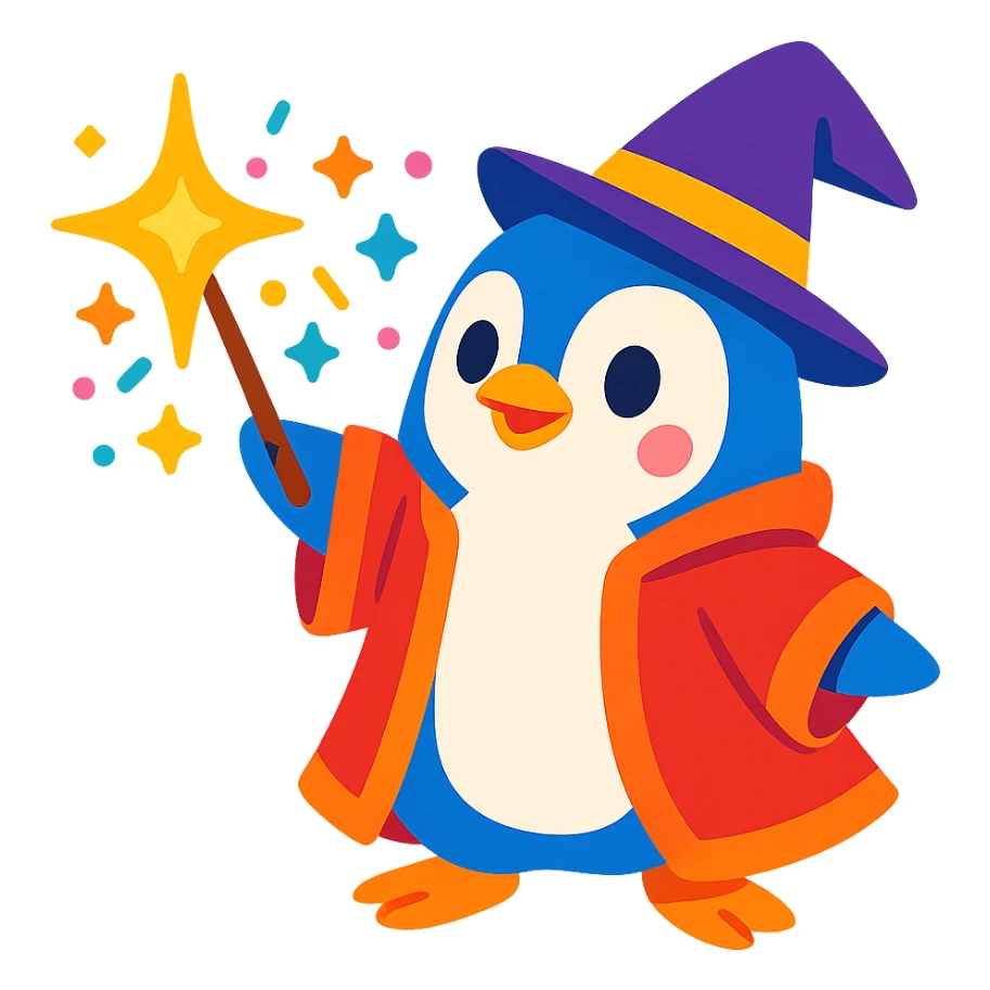 cute penguin wizard casting a spell, wearing a robe and holding a wand, magical sparkles around, vibrant toon style, cartoonish, colorful, playful sticker