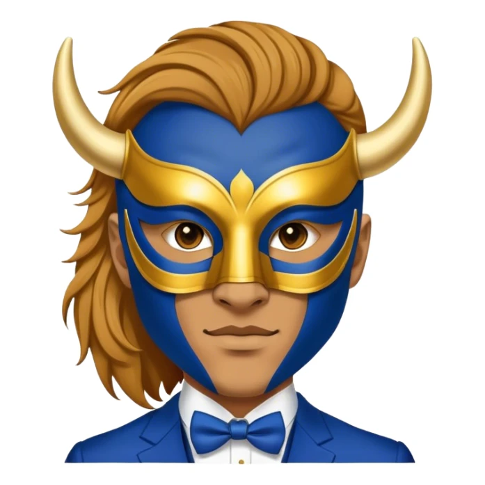 a man, with a Blue suit,  wear half-face golden Buffalo masquerade mask sticker