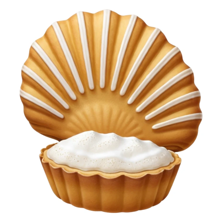 A madeleine pastry. Oval shaped with four to five vertical lines going in the same direction. Scalloped seashell shape. Light golden brown. Scalloped edge. Cookie. Flat. sticker