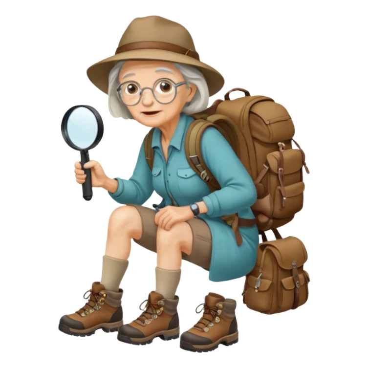 scout old woman backpack and magnifying glass, voyarer sticker