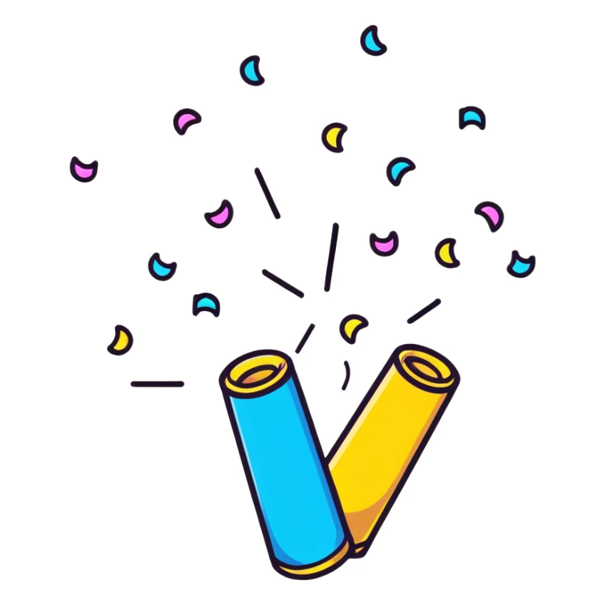 cartoonish sticker style party popper with confetti sticker