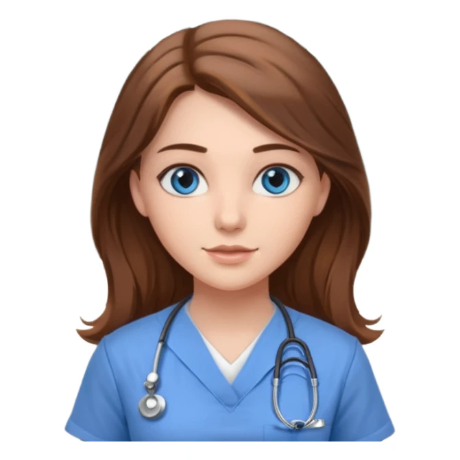 inside a classroom at university that says nursing school on the board with a pretty female nursing student with long brown hair, blue eyes sticker