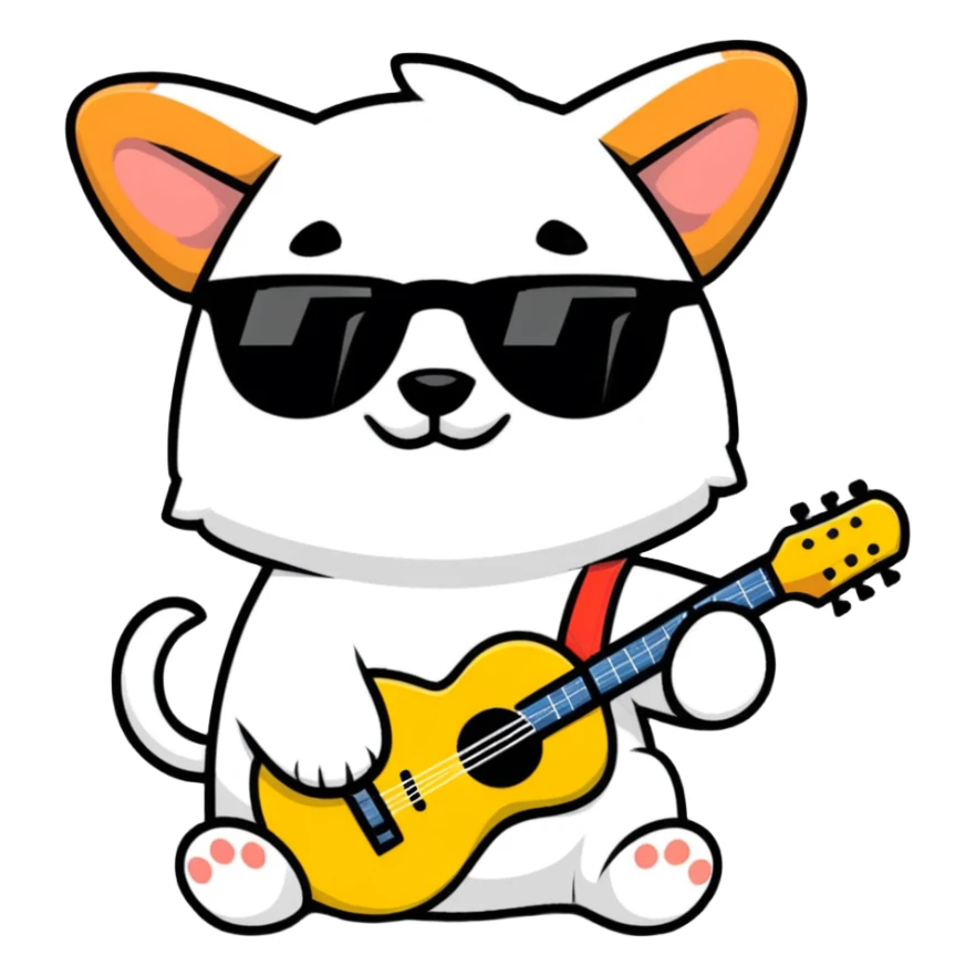 dog in sunglasses playing guitar, fun vibe sticker