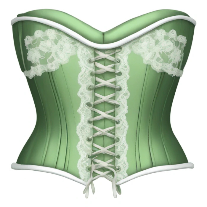 Sage green corset with white lace and bows, isolated sticker