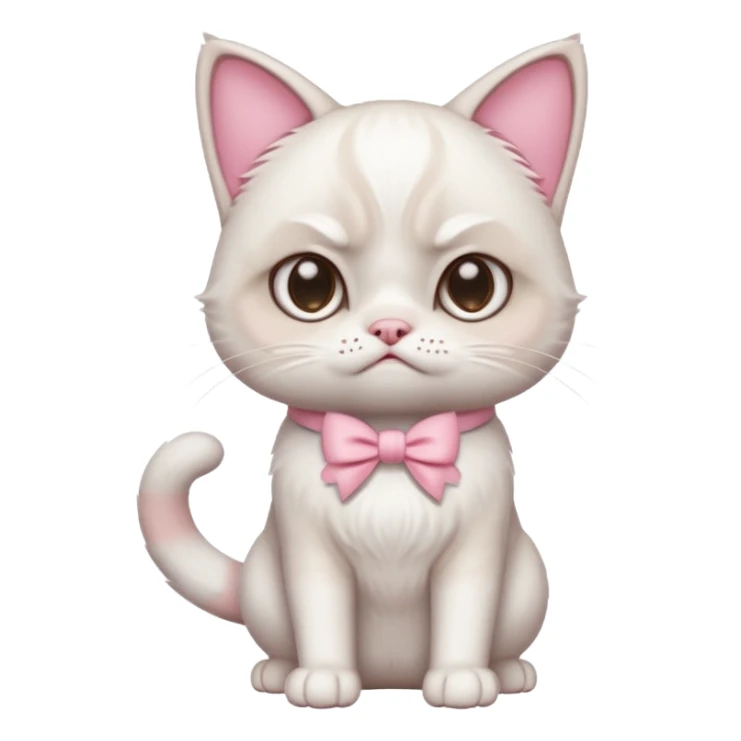 A White grumpy cat with light pink ears and paws and with a bow around its neck. The cat shall be on two legs sticker