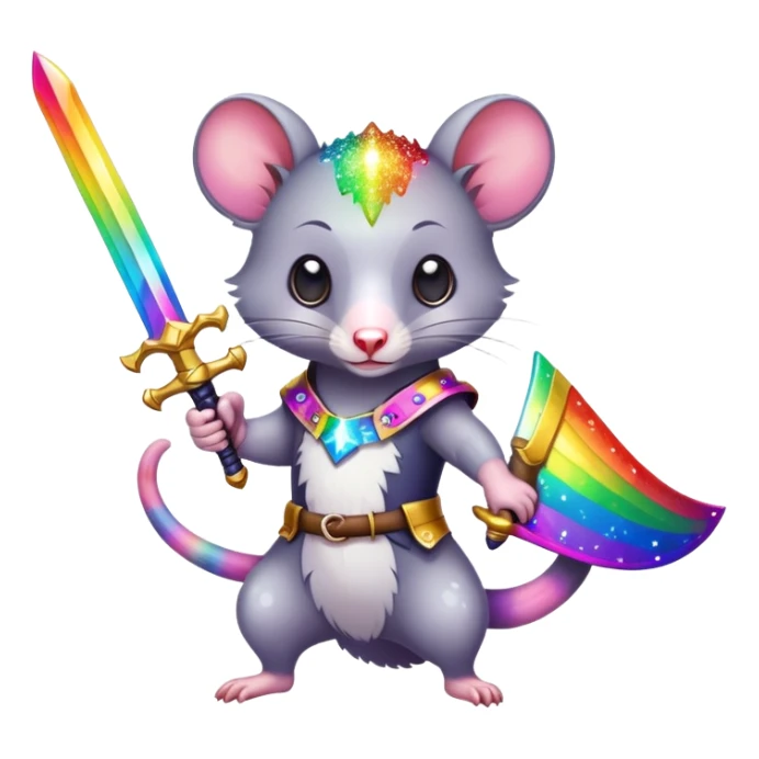 Colorful possum holding a sword with rainbow sparkles sticker