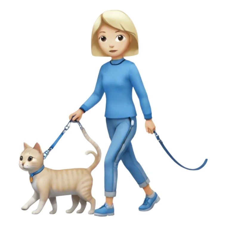 blonde short-haired woman walking a gray and white cat on a blue leash sticker