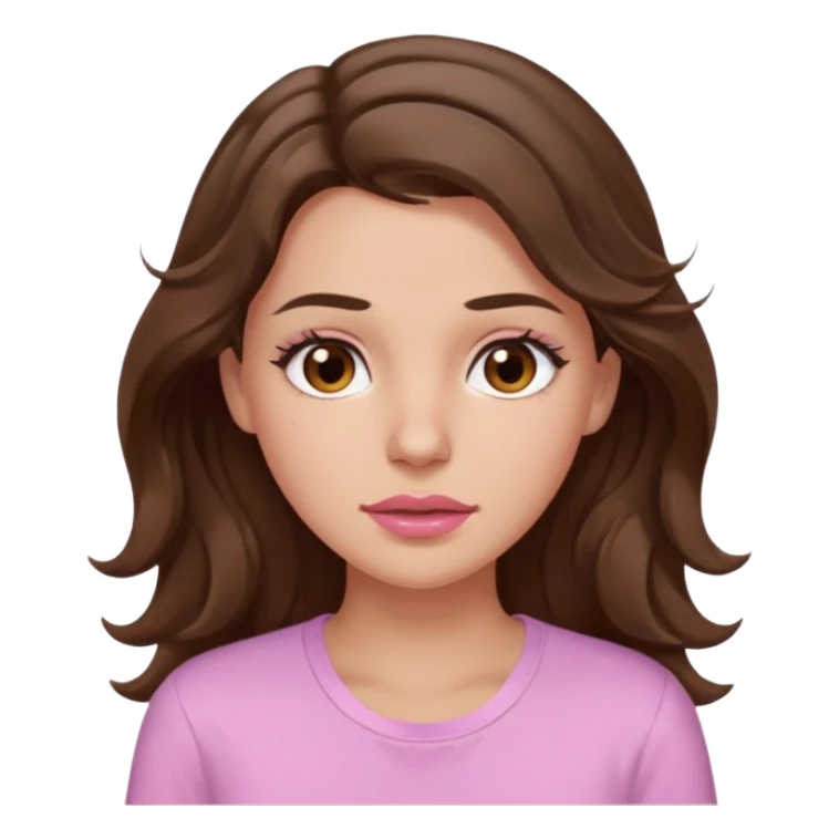 girl with wavy long brown hair, brown eyes, light to medium complexion, long lashes, light pink lipstick, wearing light pink shirt, sweating on the forehead sticker