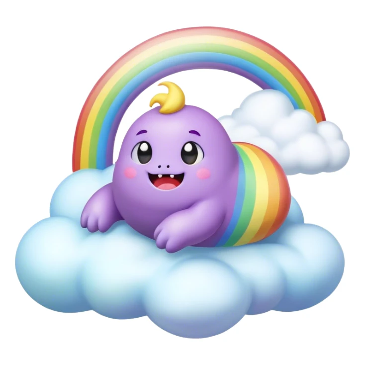 3D, Kawaii derpy fat rainbow monster laying on a magic rainbow cloud, rich textures, visually detailed, so lifelike that it feels like it could leap off the page at any moment sticker