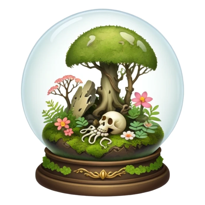 Mystical woodland glass-dome-terrarium-globe with moss inside, with bones inside, and flowers inside  sticker