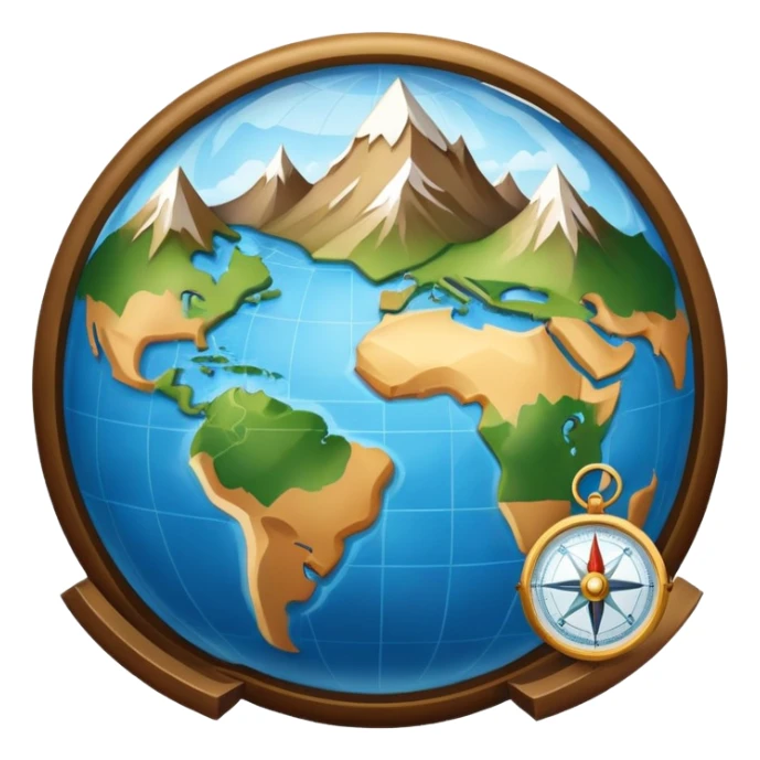 An icon featuring a globe, a compass, and a map, symbolizing geography. The design includes mountain ranges, rivers, and continents, representing the study of Earth’s landscapes and environments. Transparent background highlights the exploration and understanding of the world’s geography. sticker