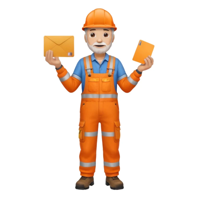 older engineer hi-vis orange overalls full body holding a card sticker