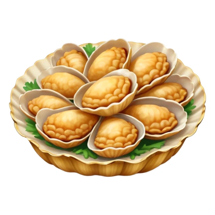 Qingdao fried clams in shell with garlic, simplified emoji style with bold outlines and bright colors, cartoon style Shandong seafood specialty sticker