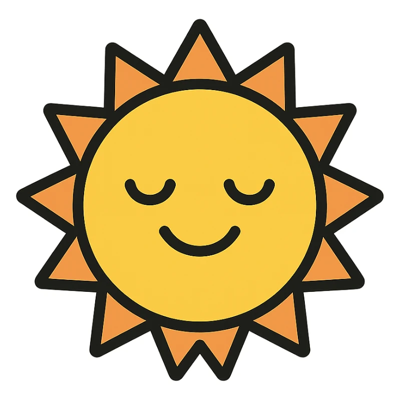 A sun with a content expression, in the style of a lineal color icon with black outlines sticker