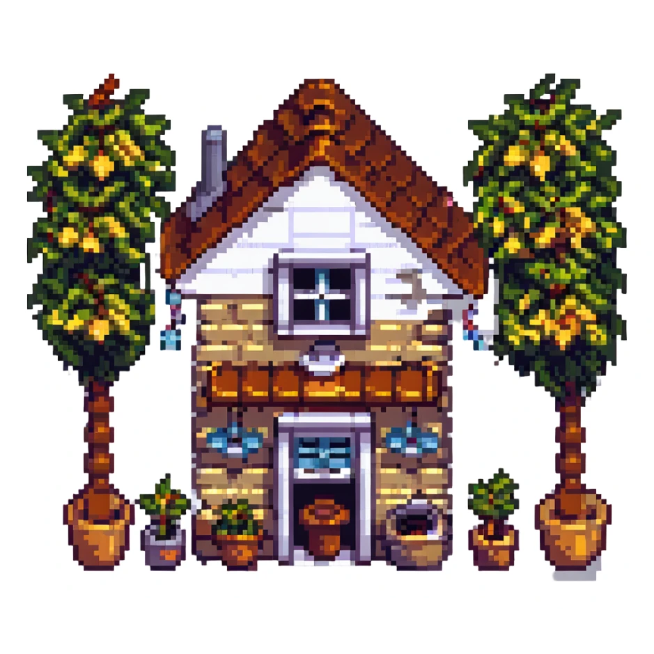 a simple family home, pixel art style, with a small yard sticker