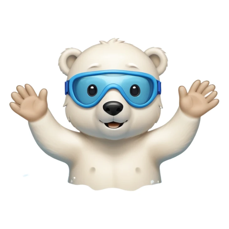 friendly anthropomorphised polar bear swimming freestyle in a pool with excited expression wearing blue swimming goggles sticker