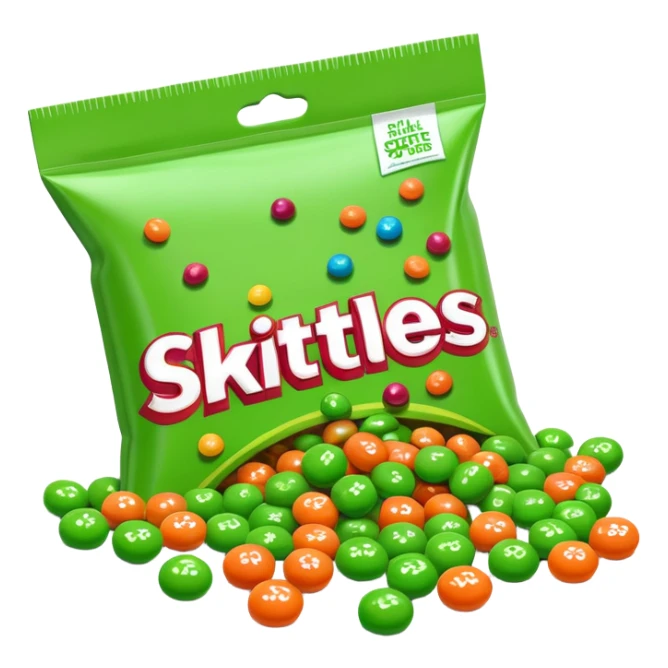 Ultra minimalist Skittles package with all green candy pieces spilling out sticker