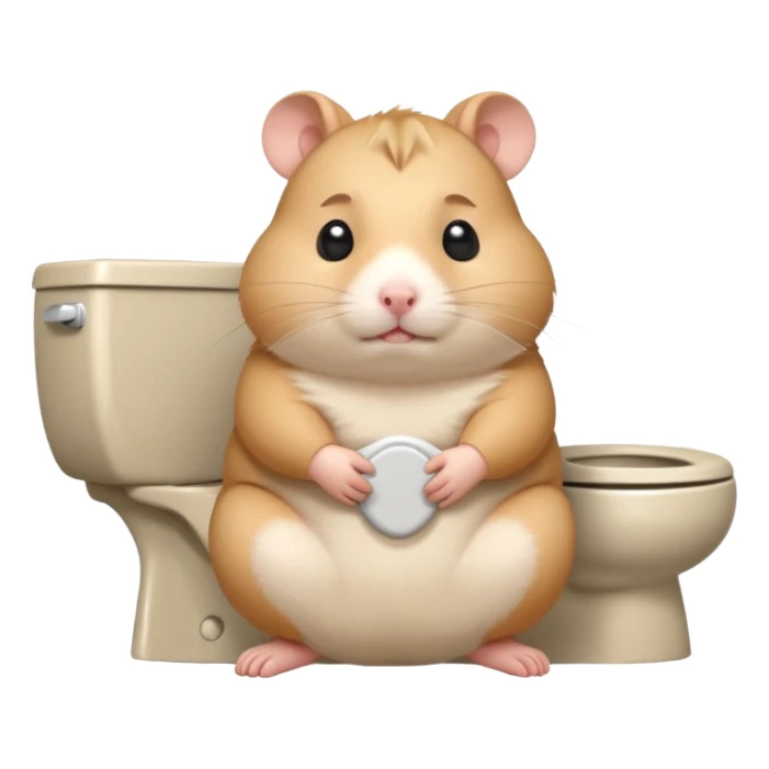 Cute chubby cartoon-style hamster sitting on toilet looking as if he had an accident, sticker-style illustration sticker
