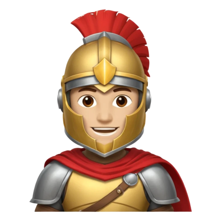 A friendly Trojan warrior mascot with a large cartoon-style head, wearing a silver helmet with a red crest and black cheek guards.  confident smile. The character wears dark armor with metallic details and a WITH yellow cape.  sticker