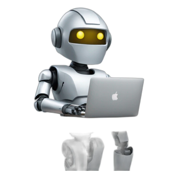 robot with hoodie and a macbook sticker