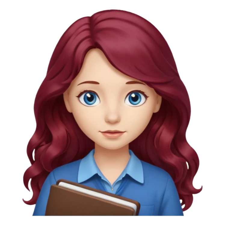 girl with long wavy burgundy hair, blue eyes and a notebook sticker