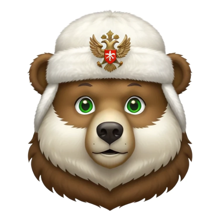 Cute Russian brown bear head with friendly expression and bright green eyes, wearing white furry ushanka hat with realistic double-headed eagle coat of arms centered, iOS emoji style sticker