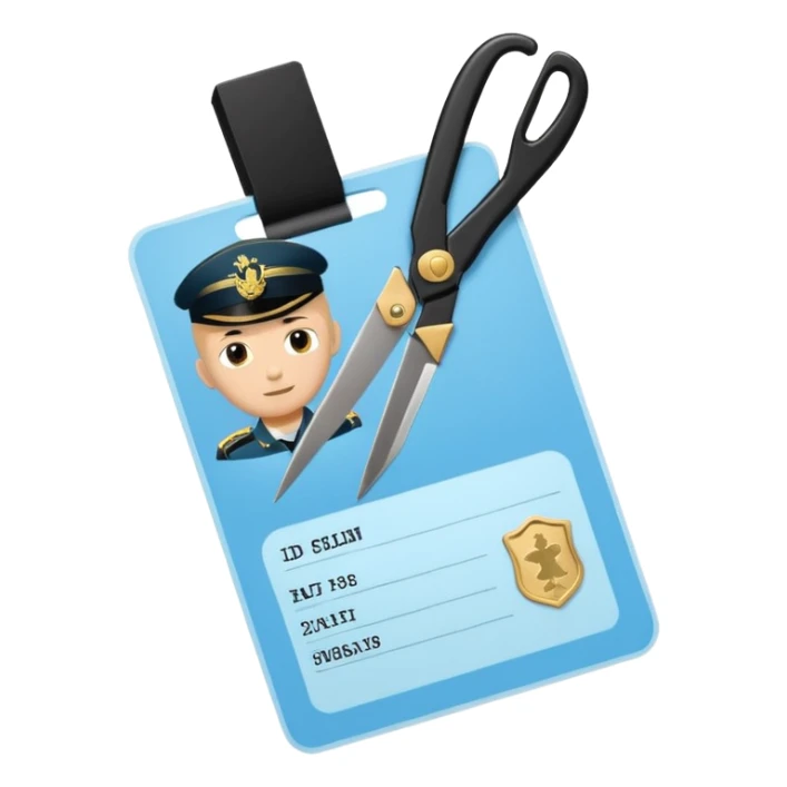 Floating black Scissors cutting in half a light blue idf soldier ID card with golden chip in 2 parts .hyper realistic sticker