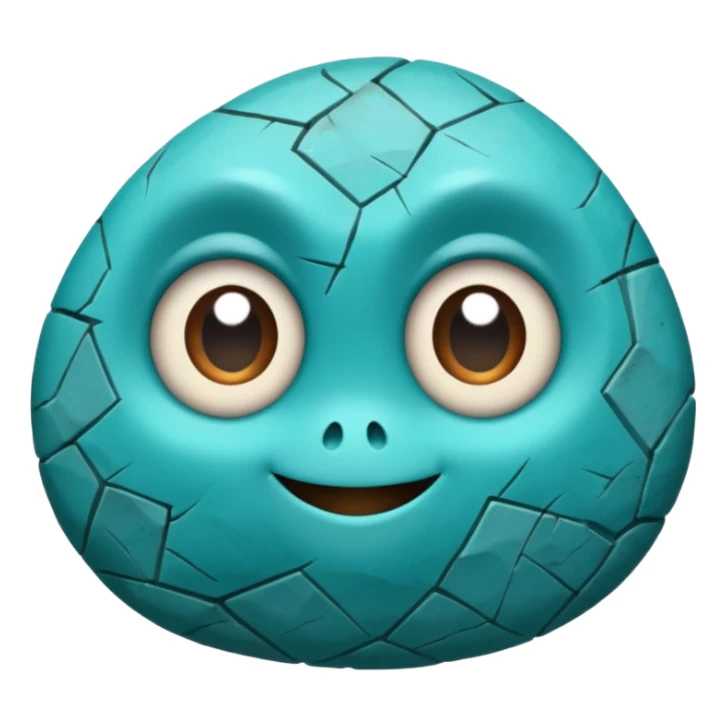 One small turquoise rock creature, rounded but still clearly a rock with cracks and facets, subtle shine, big expressive eyes and a shy smile, sticker